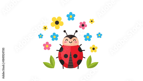 A cartoon image of a ladybug with colorful flowers and green leaves, all on a white background