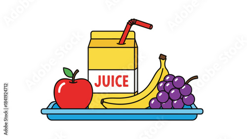 Colorful illustrated cartoon depicting an apple, banana, grapes, and juice box on a blue tray