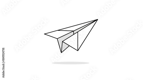 A paper airplane, outlined in black, in mid-flight with a subtle shadow