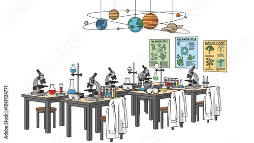 A cartoon depiction of a science lab with microscopes, posters, and a planetarium model