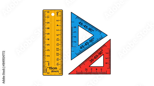 Illustration of a ruler and two right triangles used for measuring and drawing angles