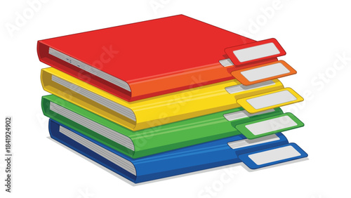 Cartoon-style illustration of a stack of five colorful books with labeled tabs