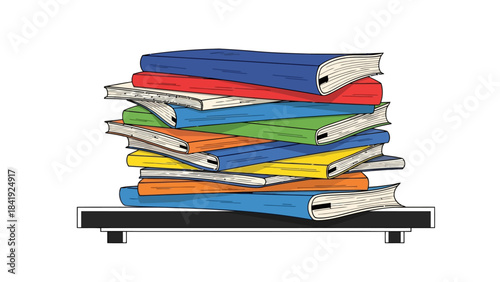 A stack of colorful hardbound books, illustrated on a shelf against a plain white background