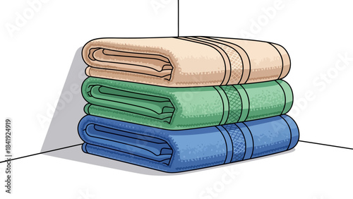 A stack of three neatly folded towels in beige, green, and blue. Shadows create depth in the corner