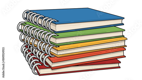 A stack of colorful spiral-bound notebooks, each with a different hue, on a white background