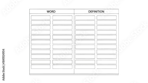 A simple vocabulary chart with word and definition columns. Both sections feature blank space for text input
