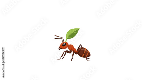 A cartoon ant, colored in red and brown, carries a green leaf on its head