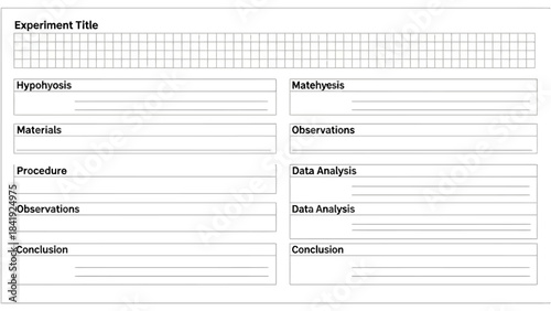 A science experiment template with text boxes for research , hypothesis, materials, observations, etc