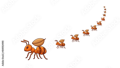 Pixelated ants with leaves march in a curved line against a white background