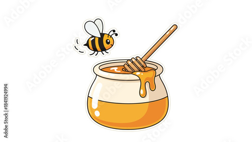 A cartoon bee hovers near a pot of honey, honey drips from a dipper