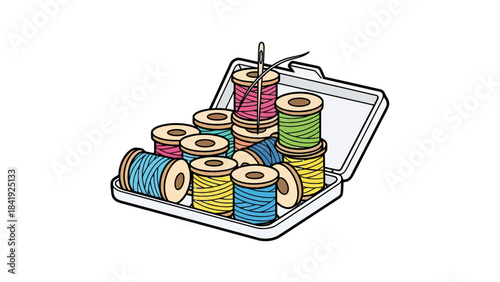 A cartoon-style illustration features a sewing kit filled with colorful spools and a needle