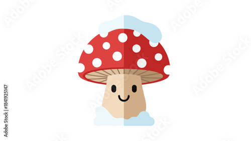 A cartoon mushroom with red cap, white dots, smiling face, and snow. A cute and friendly illustration