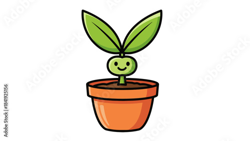 Cartoon-style illustration of a happy little seedling in a clay pot. Fresh green leaves sprout upwards