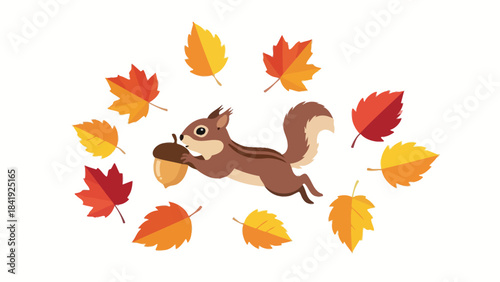 A cartoon-style image of a squirrel carrying an acorn, surrounded by colorful fall leaves