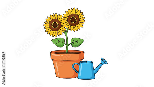 Cartoon illustration of a blooming sunflower in a terracotta pot with a blue watering can