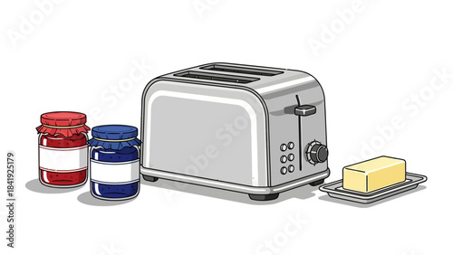 Digital illustration of breakfast items toaster, jam jars, and butter on a white background