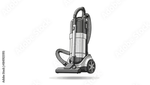 A grayscale, pixelated illustration of an upright vacuum cleaner. Its body sits on wheels