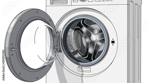 A grayscale illustration of a washing machine with its door open, showcasing the inner drum