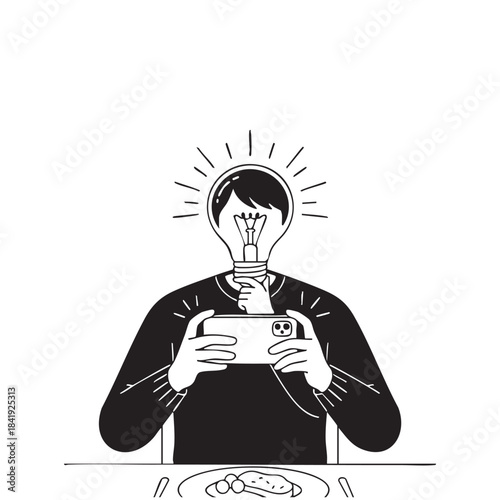 Person with lightbulb head taking picture of food with smartphone idea