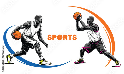Dynamic basketball players in action with colorful artistic splashes