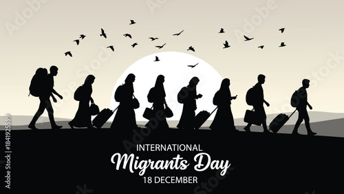 Silhouetted figures walking with luggage towards bright moon