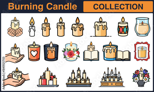 Collection of various burning candles with distinctive shapes, colors, designs, and decorative elements on a transparent background