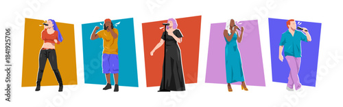 Set of cartoon male and female singer performing with microphone. Flat cartoon illustration.