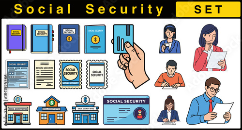 Various Social Security documents and individuals holding cards, reviewing papers, with a store set in a flat style, isolated on a transparent background showcasing relevant financial details.