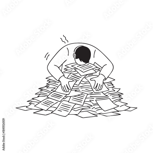 Overwhelmed person buried under a large pile of documents paper stack