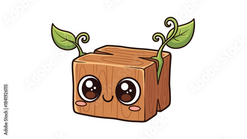 A cute cartoon illustration of a smiling wooden block sprouting leaves. The style is soft and inviting