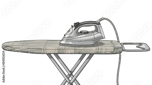 A grayscale depiction of an iron placed atop an open ironing board, with cord and metal legs