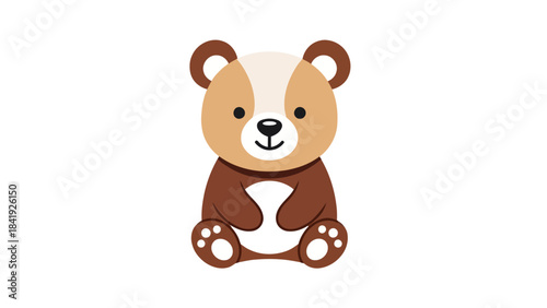 A smiling, cartoonish teddy bear illustration, brown and tan, sitting on a white background