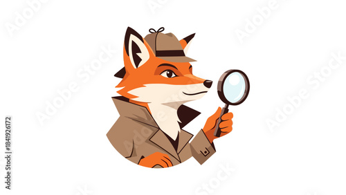 A cartoon fox dressed as a detective, wearing a trench coat and hat, holding a magnifying glass