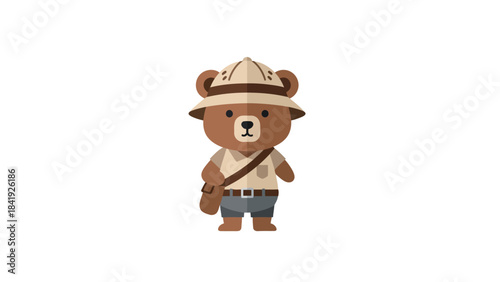 A charming pixelated bear is dressed as an explorer, complete with hat, outfit, and satchel