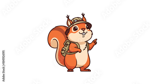 A cute, cartoon-styled squirrel wearing a hat and backpack pointing to the right
