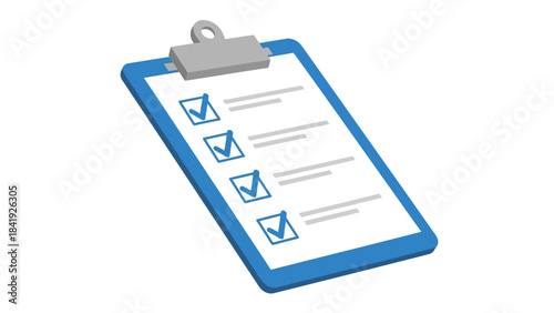 A blue clipboard with a checklist. Check marks are in boxes. The clipboard has a metal clip