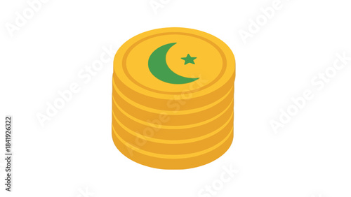 A stack of cartoonish golden coins, with one coin showing a green crescent and star symbol