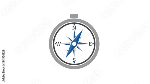 A compass graphic showing North, South, East, and West directions in blue and gray