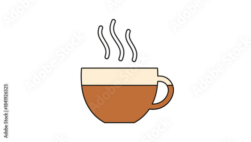 A cartoon illustration shows a brown mug with cream color inside, steam rising from it
