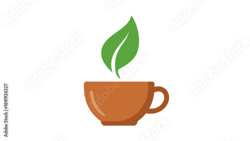 A cartoon-style illustration of a teacup with a leaf rising from it, set against a white background