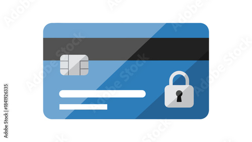 A flat illustration of a blue credit card with a gray magnetic stripe, a chip, and a padlock