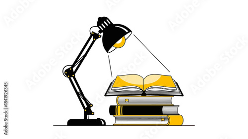 A black desk lamp illuminates a stack of books with yellow pages against a white background