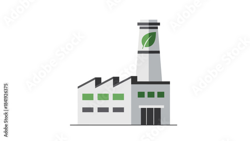 Cartoon illustration of a factory building with a large smokestack featuring a green leaf