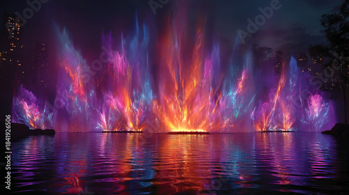 Colorful water fountain display illuminated at night on a city water body.