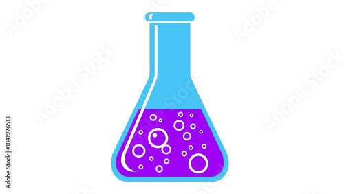 A cartoon-style illustration of an Erlenmeyer flask, filled with purple liquid and bubbles
