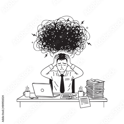 Man with tangled thoughts and lightning bolts above his head at desk stress anxiety