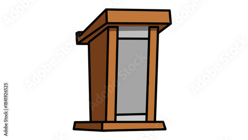 Cartoon-style illustration of a wooden podium with a lectern, designed for presentations or speeches