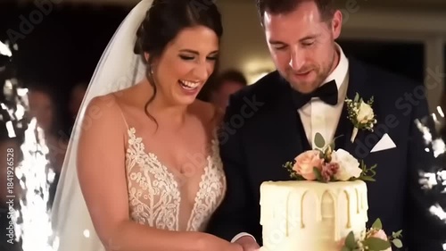 Newlyweds cutting wedding cake together.