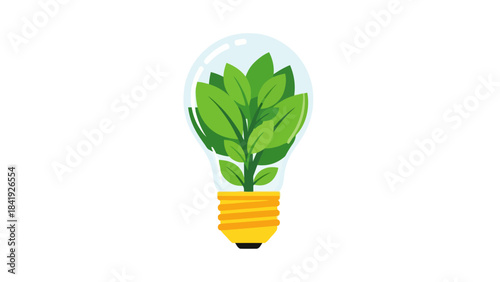 A stylized illustration features a lightbulb with green leaves growing inside, symbolizing eco-consciousness