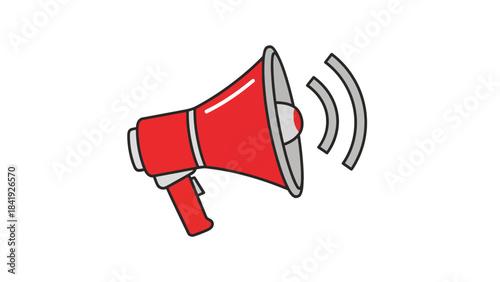 A red and gray megaphone icon with sound waves emanating, isolated on a white background